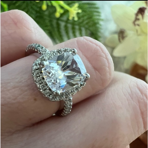 Large Cushion Cut Fancy Diamond Halo Engagement Ring Solid 925 Sterling Silver - Picture 8 of 15